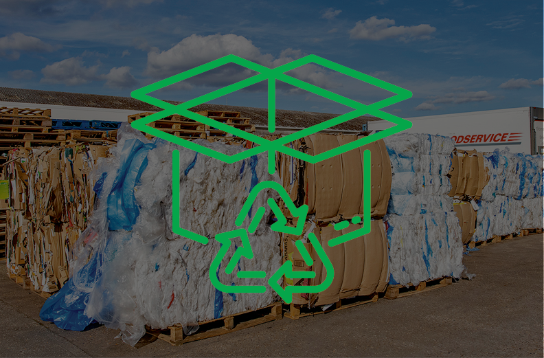 Cardboard and plastic bales stacked on pallets at Thomas Ridley's HQ with cardboard recylcing logo overlayed Cardboard and plastic bales stacked on pallets at Thomas Ridley's HQ with cardboard recylcing logo overlayed