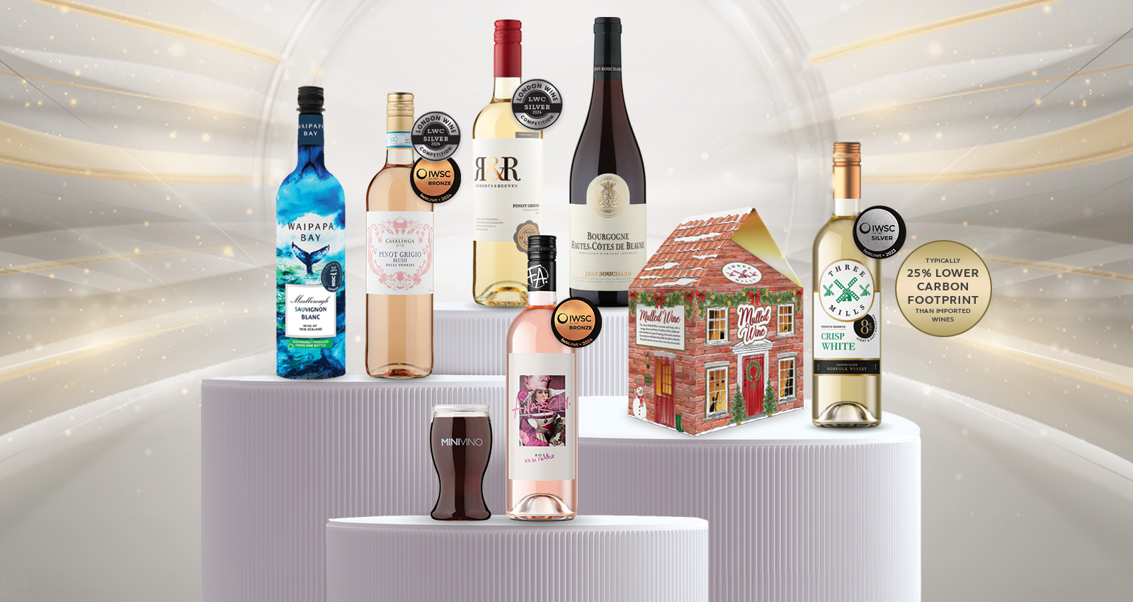 Broadlands Drink range on white pedastools with award winning badges Broadlands Drink range on white pedastools with award winning badges