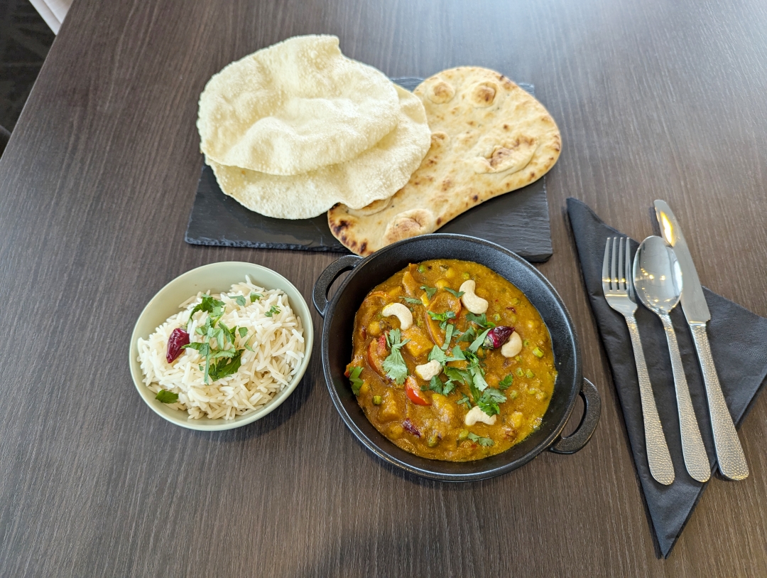 Thai Butternut Squash and Chickpea Curry with Naan Bread and poppadoms Thai Butternut Squash and Chickpea Curry with Naan Bread and poppadoms