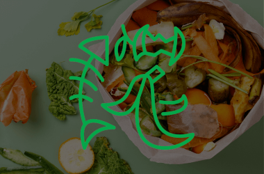 Bag of food waste and some on the table with a green icon of food waste as an overlay Bag of food waste and some on the table with a green icon of food waste as an overlay