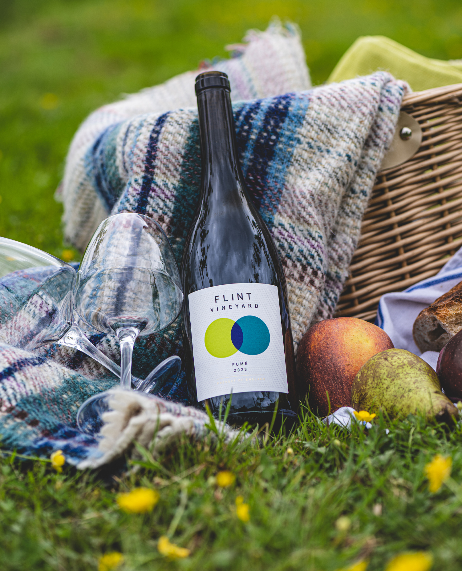 A bottle of Fume Wine in a picnic set up A bottle of Fume Wine in a picnic set up