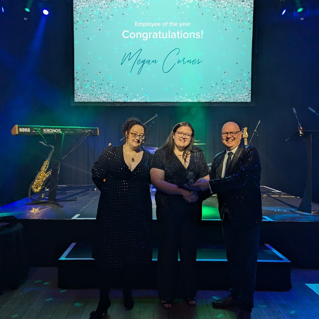 Megan Cornes receiving her award with Jon Marlow and Hayley Cockayne Megan Cornes receiving her award with Jon Marlow and Hayley Cockayne